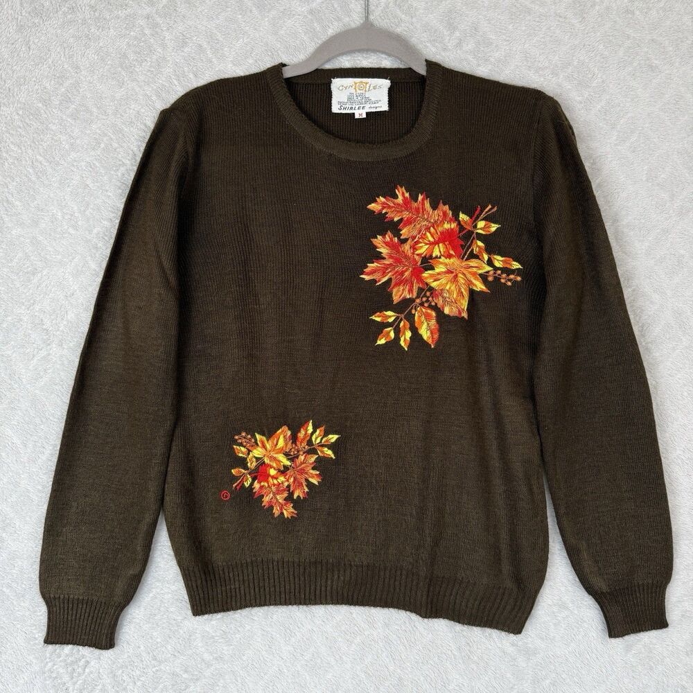 Vtg 60s/70s Embroidered Fall Leaves Sweater Womens Medium Brown Autumn Cottage